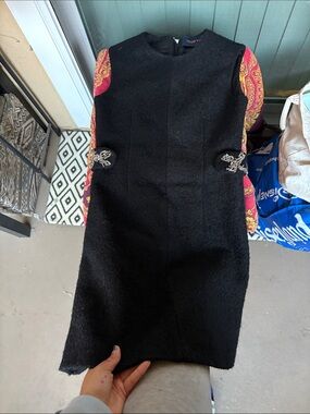Louis Vuitton Black Wool Shift Dress with Pink Paisley Sleeves